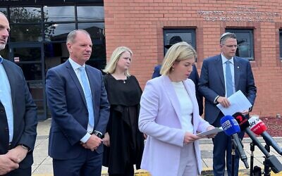 Victorian opposition leader Jess Wilson announcing proposals to combat antisemitism at Yeshivah - Beth Rivkah Colleges. Photo: Bruce Hill.
