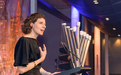 Allegra Spender speaks at Chanukah in the City. Photo: Sam Babus