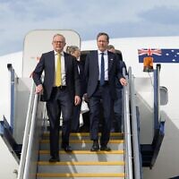 Isaac Herzog (right) and Prime Minister Anthony Albanese arrive in Canberra in February.