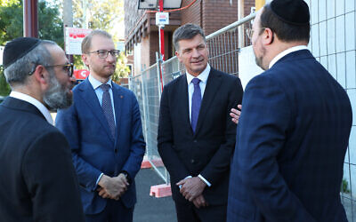 New Federal Opposition Leader Angus Taylor, along with Senator James Pattersonvisit speaking with Benjamin Klein and other members of the synagogue. Photo: Copyright Peter Haskin Photography 2026