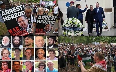 Top left and bottom right: Anti-Israel protesters at a police station in Surry Hills in Sydney on February 10, 2026 (Saeed KHAN / AFP). Top right: President Isaac Herzog and his wife Michal visit Bondi Beach, Sydney, where two Islamic terrorists killed 15 people at a Hanukkah event on December 14, 2025 (AP Photo/Rick Rycroft). Bottom left: The 15 victims of the massacre (Composite: Times of Israel; Images: Courtesy/social media, used in accordance with Clause 27a of the Copyright Law). Top left and bottom right: Anti-Israel protesters at a police station in Surry Hills in Sydney on February 10, 2026 (Saeed KHAN / AFP). Top right: President Isaac Herzog and his wife Michal visit Bondi Beach, Sydney, where two Islamic terrorists killed 15 people at a Hanukkah event on December 14, 2025 (AP Photo/Rick Rycroft). Bottom left: The 15 victims of the massacre (Composite: Times of Israel; Images: Courtesy/social media, used in accordance with Clause 27a of the Copyright Law).