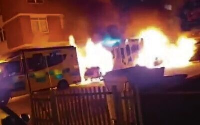 Arson on Hatzola UK ambulances in London on March 23. 
Photo: Screenshot, Times of Israel.