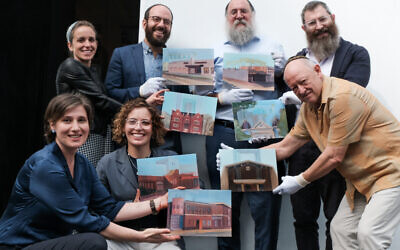 Bottom from, from left: Nina Sanadze, Ilana Razbash
Top row, from left: Rebbetzin Sara & Rabbi Noam Sendor, Rabbi Menachem Wolf, Rabbi Dovid Gutnik, and Michael Krape, holding 7 of 54 paintings from the upcoming exhibition Temple Fragments. 
Photo: Emmanuel Santos