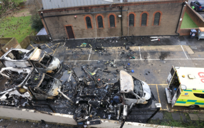 At least three emergency vehicles were alight at 1.45am as explosions, caused by exploding oxygen tanks on board rather than bombs, were heard in the Golders Green area.