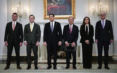 From left: US State Dept Counsellor Michael Needham, US ambassador to UN Mike Waltz, US Secretary of State Marco Rubio, US ambassador to Lebanon Michel Issa, Lebanon's ambassador to the US Nada Hamadeh Moawad, and Israeli ambassador to the US Yechiel Leiter at the State Department in Washington on April 14. Photo: Oliver Contreras/AFP