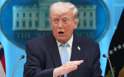 US President Donald Trump speaks with reporters in the James Brady Press Briefing Room at the White House, April 6, 2026, in Washington. (AP Photo/Mark Schiefelbein)