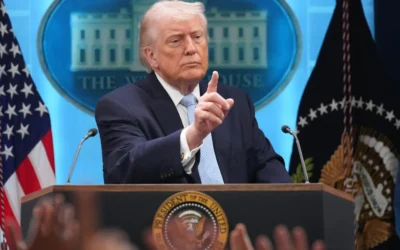 US President Donald Trump speaks with reporters during a news conference in the James Brady Press Briefing Room at the White House, April 6, 2026, in Washington. (AP Photo/Mark Schiefelbein)
