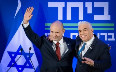 Opposition Leader Yair Lapid (right) and former prime minister Naftali Bennett at a press conference announcing their joint run in the coming elections, in Herzliya, central Israel, April 26, 2026. (Chaim Goldberg/Flash90) Opposition Leader Yair Lapid (right) and former prime minister Naftali Bennett at a press conference announcing their joint run in the coming elections, in Herzliya, central Israel, April 26, 2026. (Chaim Goldberg/Flash90)