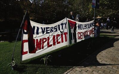 A banner at the 2024 pro-Palestinian/anti-Israel encampment at the University of Melbourne. Photo: Peter Haskin.