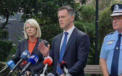 From left: Police Minister Yasmin Catley, Premier Chris Minns and Police Commissioner Mal Lanyon.