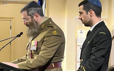 Australian Army Chaplain Rabbi Dovid Gutnick and Royal Australian Navy Chaplain Rabbi Sammy Brygel at the VAJEX service. Photo: Bruce Hill. Australian Army Chaplain Rabbi Dovid Gutnick and Royal Australian Navy Chaplain Rabbi Sammy Brygel at the VAJEX service. Photo: Bruce Hill.