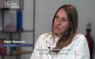 Screenshot of the recorded testimony of Darin Komarov, a survivor of the Nova Music Festival massacre to the Civil Service Commission on October 7th Crimes by Hamas against Women and Children. (Courtesy, Civil Commission)