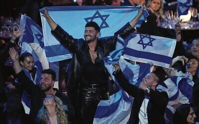 Israel's Noam Bettan celebrates qualifying for the grand final, during the first semifinal of the 70th Eurovision Song Contest in Vienna, Austria, on May 12. Photo: AP/Martin Meissner