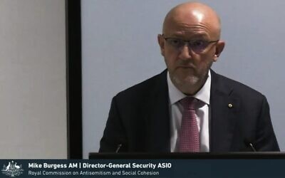 ASIO director-general Mike Burgess providing evidence to the Royal Commission.  Photo: Screenshot