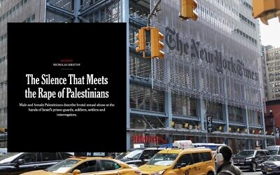 A screenshot of a May 2026 New York Times column by Nicholas Kristof, set against the New York Times building in New York City. Photo: Screenshot/Angela Weiss / AFP via Getty Images via JTA via TOI