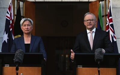 Prime Minister Anthony Albanese and Foreign Minister Penny Wong speak to the media at Parliament House. Photo: AAP Image/Lukas Coch