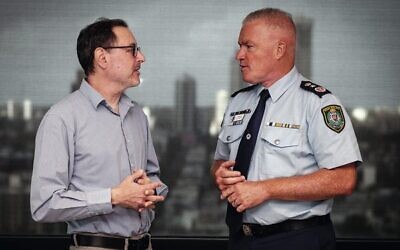 Police Commissioner Mal Lanyon (right) talks to The AJN's Gareth Narunsky.