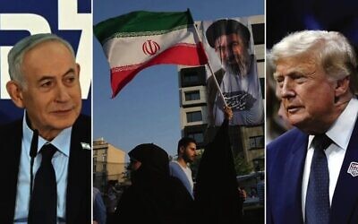 From left-to-right: Israeli Prime Minister Benjamin Netanyahu (Haim Zach/GPO); An Iranian flag in front of a banner showing a portrait of Iranian Supreme Leader Ayatollah Mojtaba Khamenei in Tehran (AP Photo/Vahid Salemi); US President Donald Trump (AP/Alex Brandon).