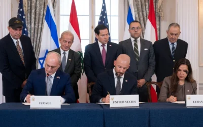 US Secretary of State Marco Rubio and others watch, as seated from left, Israel's Ambassador to the US Yechiel Leiter, counselor Dan Holler, and Lebanon's Ambassador to the US Nada Hamadeh, sign a framework agreement, described as a first step toward peace following months of conflict between Israel and Iran-backed Hezbollah, at the State Department, June 26, 2026, in Washington. (AP Photo/Kevin Wolf)