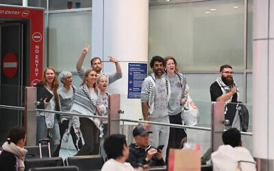 Australia members of the Gaza bound Global Sumud Flotilla arrive at Sydney airport. Photo: X. Australia members of the Gaza bound Global Sumud Flotilla arrive at Sydney airport. Photo: X.