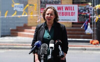 Naomi Levin, CEO of JCCV speaking outside the firebombed Adass Israel synagogue. Photo: Peter Haskin