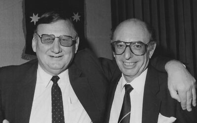 Mike Golland (right) with Norman May at a 1987 Maccabi event in Sydney.