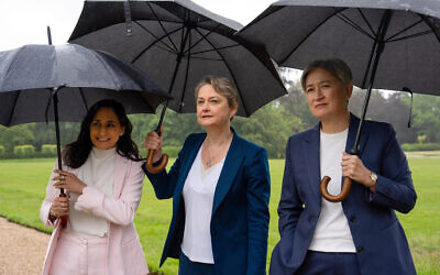 The Foreign Ministers of Canada (Anita Anand, the UK (Yvette Cooper) and Australia (Penny Wong) meeting in Britain. Photo: Times of Israel, Carl Court, Pool Photo via AP.