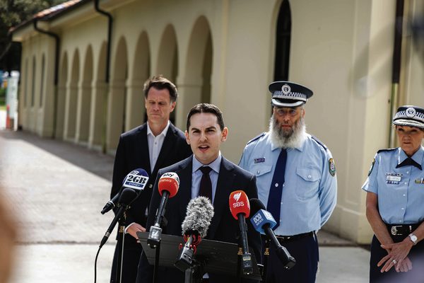 David Ossip at a press conference at Bondi Pavilion with (from left) Premier Chris Minns, Police chaplain Rabbi Mendel Kastel and former Police Commissioner Karen Webb. David Ossip at a press conference at Bondi Pavilion with (from left) Premier Chris Minns, Police chaplain Rabbi Mendel Kastel and former Police Commissioner Karen Webb.