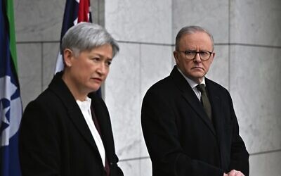 Foreign Affairs Minister Penny Wong and Prime Minister Anthony Albanese in August 2025 announcing that Australia will recognise a Palestinian state. Photo: AAP Image/Mick Tsikas
