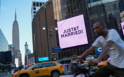 A “Just Married” sign is displayed on Madison Square Garden during the wedding between Taylor Swift and Travis Kelce. Photo: AP/Ryan Murphy