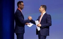 Macnamara MP Josh Burns and MP for Calwell Basem Abdo speaking at the ALP conference in Adelaide. Photo: Facebook.