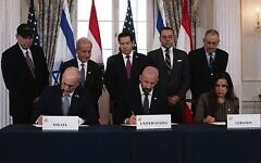 A framework agreement is signed in Washington. 
Photo: AP/Kevin Wolf, Times of Israel.