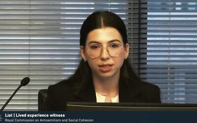 Liat shares her witness testimony during Hearing Block 4 of the Royal Commission on Antisemitism and Social Cohesion. Photo: screenshot
