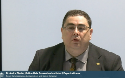 Dr Andre Oboler giving evidence at the Royal Commission on Antisemitism and Social Cohesion. Photo: screenshot