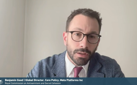 Benjamin Good, Global Director, Core Policy, Meta Platforms giving evidence at the Royal Commission on Antisemitism and Social Cohesion. Photo: screenshot