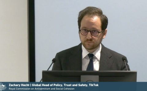 Zachary Hecht, global head of policy, trust and safety, TikTok appears before the Royal Commission on Antisemitism and Social Cohesion. Photo: screenshot