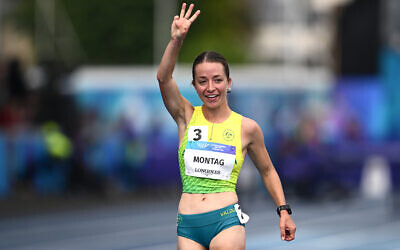 Jemima Montag celebrates after winning gold in the women's 10km race walk on August 1 in Glasgow - her third career Commonwealth Games gold medal win. Photo: AAP Image/Joel Carrett