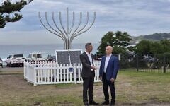 Alex Ryvchin (left) and Jonathan Greenblatt at the Bondi Beach memorial in Archer Park.