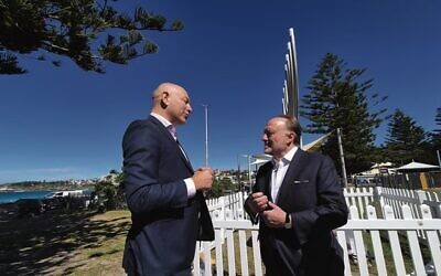 Lord Roberts of Belgravia (right) with Arsen Ostrovsky at Bondi. 
Photo: Gareth Narunsky