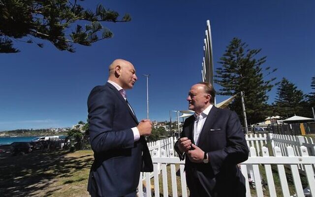 Lord Roberts of Belgravia (right) with Arsen Ostrovsky at Bondi. 
Photo: Gareth Narunsky