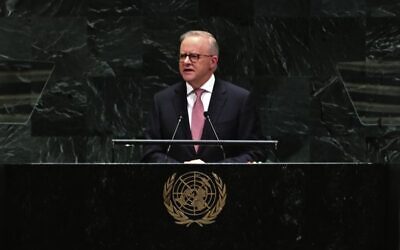 Prime Minister Anthony Albanese speaks at the UN General Assembly on September 24, 2026.
Photo: AAP Image/Mick Tsikas