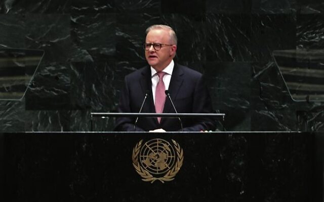 Prime Minister Anthony Albanese speaks at the UN General Assembly on September 24, 2026.
Photo: AAP Image/Mick Tsikas