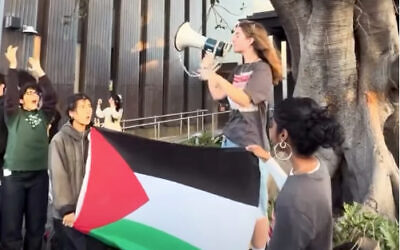 A students activist speaks in a megaphone while others hold a Palestinian flag. Photo: Instagram screenshot