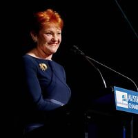 Pauline Hanson addresses the AICC luncheon in Melbourne. Photo: Dean Schmideg