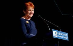 Pauline Hanson addresses the AICC luncheon in Melbourne. Photo: Dean Schmideg