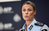 Australian Federal Police (AFP) Commissioner Krissy Barrett speaks to media during a press conference in April. Photo: AAP Image/Bianca De Marchi