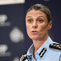 Australian Federal Police (AFP) Commissioner Krissy Barrett speaks to media during a press conference in April. Photo: AAP Image/Bianca De Marchi