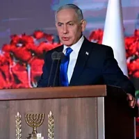 Prime Minister Benjamin Netanyahu speaks during a state memorial ceremony for the October 7, 2023, attack, at the Mount Herzl cemetery, Jerusalem, on October 5, 2026. (Debbie Hill/Pool Photo via AP)