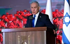 Prime Minister Benjamin Netanyahu speaks during a state memorial ceremony for the October 7, 2023, attack, at the Mount Herzl cemetery, Jerusalem, on October 5, 2026. (Debbie Hill/Pool Photo via AP)