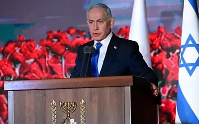 Prime Minister Benjamin Netanyahu speaks during a state memorial ceremony for the October 7, 2023, attack, at the Mount Herzl cemetery, Jerusalem, on October 5, 2026. (Debbie Hill/Pool Photo via AP)